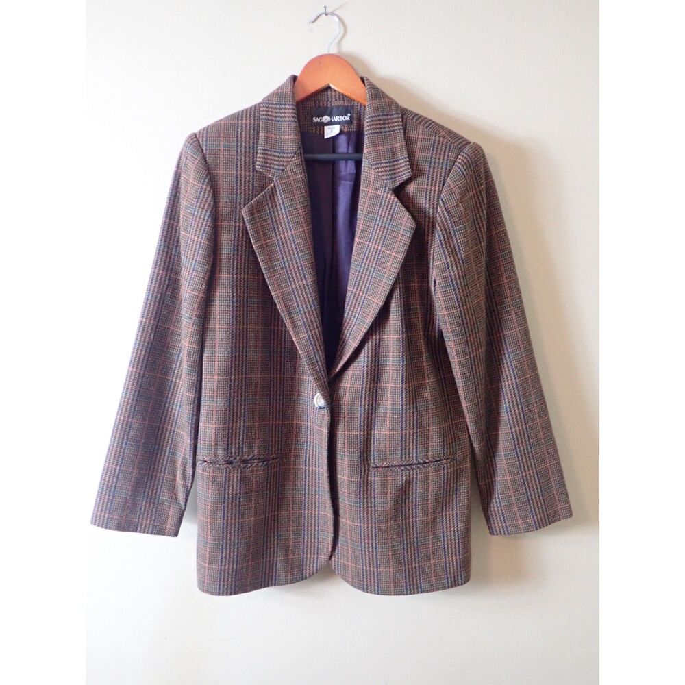 Sag Harbor Vintage Tweed Blazer Brown Size 8 Button Front Pockets Business Wool